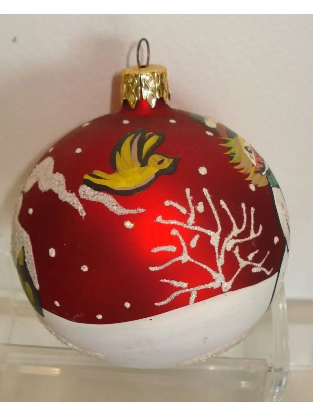 Vintage Hand Painted Snowman W/ House & Snow Scene Round Ball Glass Ornament